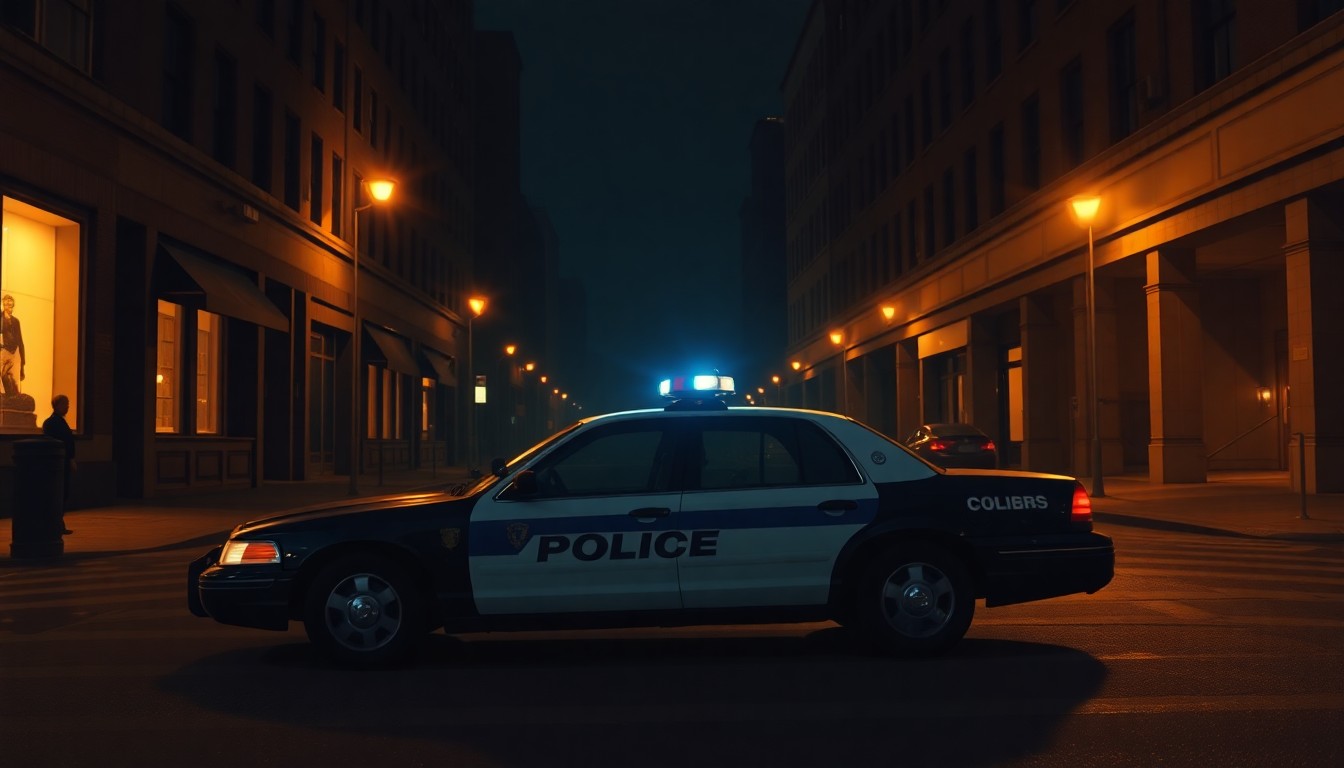 An extreme close-up of a solitary police cruiser parked on a dimly lit city street, with warm, diagonal sunlight and deep shadows creating a cinematic, nostalgic mood that reflects the political tensions surrounding the future of the Minneapolis Police Department.