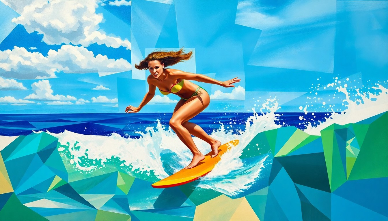 A cubist, geometric painting depicting the dynamic movements and energy of a female surfer riding a wave, with vibrant colors of the ocean, sky, and surfboard in overlapping planes.