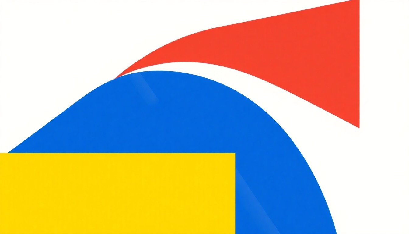 A geometric abstract illustration featuring overlapping triangles and rectangles in shades of blue, red, and yellow, conceptually representing the challenges of student loan repayment.