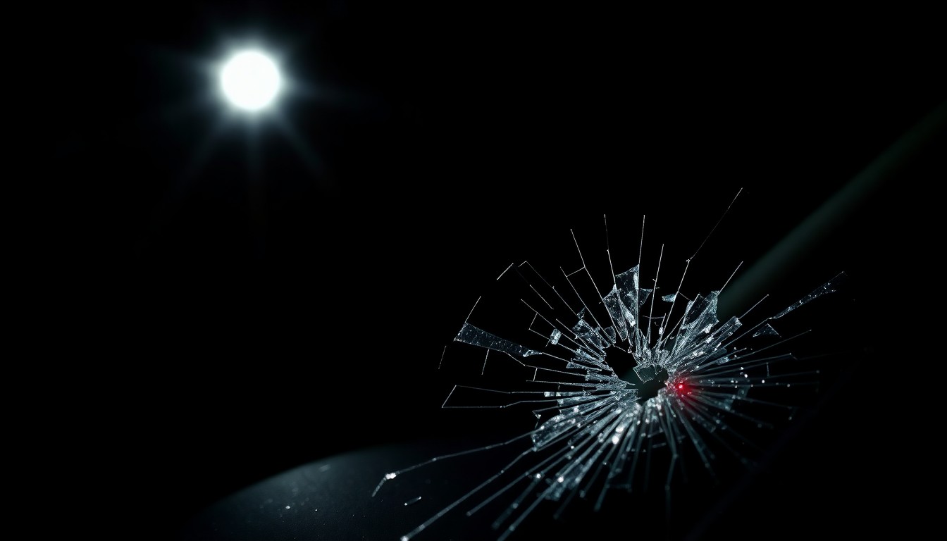 An extreme close-up photograph of a shattered car window or damaged sensor, capturing the harsh, gritty aftermath of a violent confrontation without depicting any actual violence or victims.