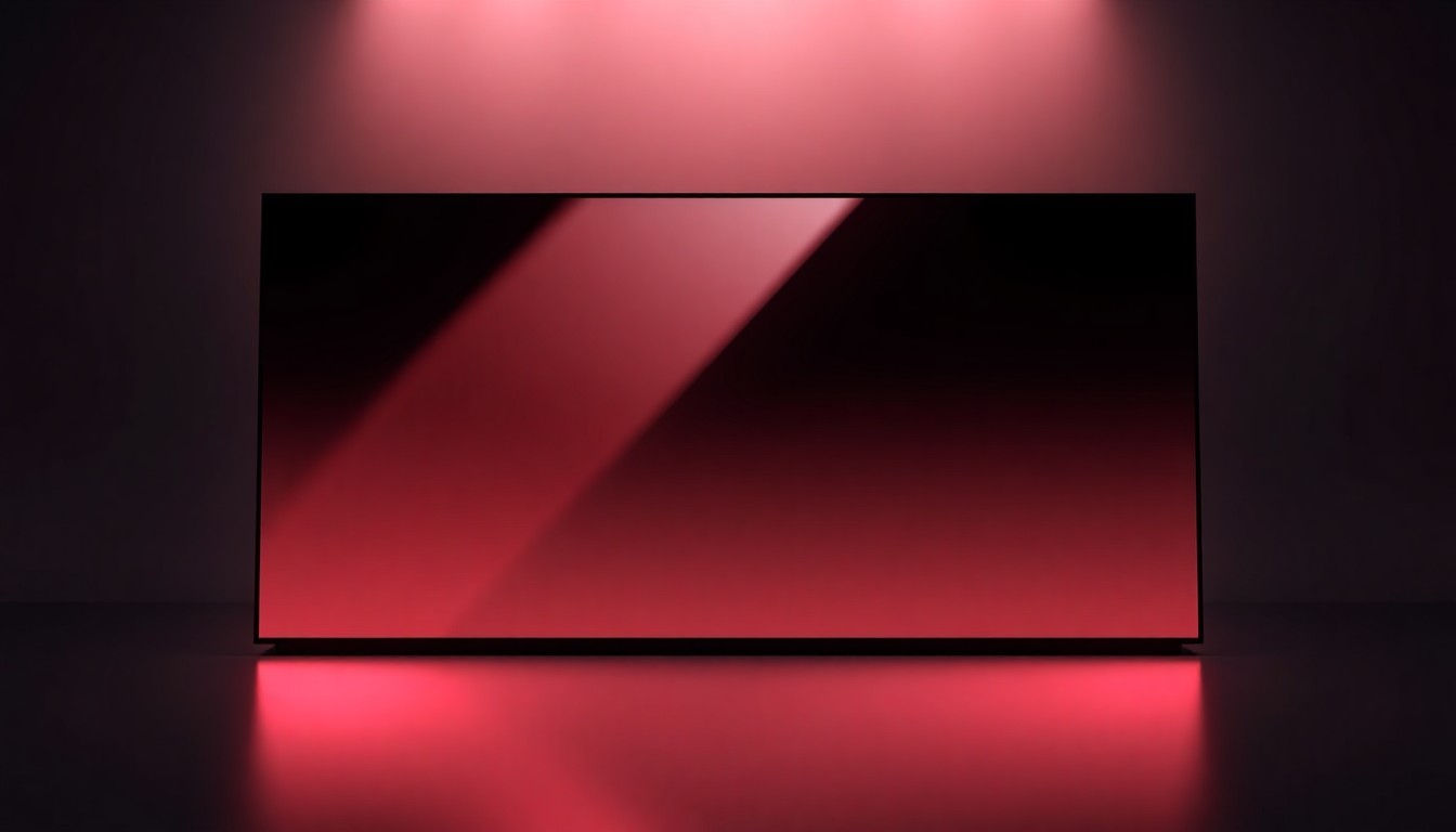 A photorealistic studio still-life image of a sleek, polished LED display panel with sharp, dramatic lighting and deep shadows, symbolizing Daktronics' premium technology and engineering.