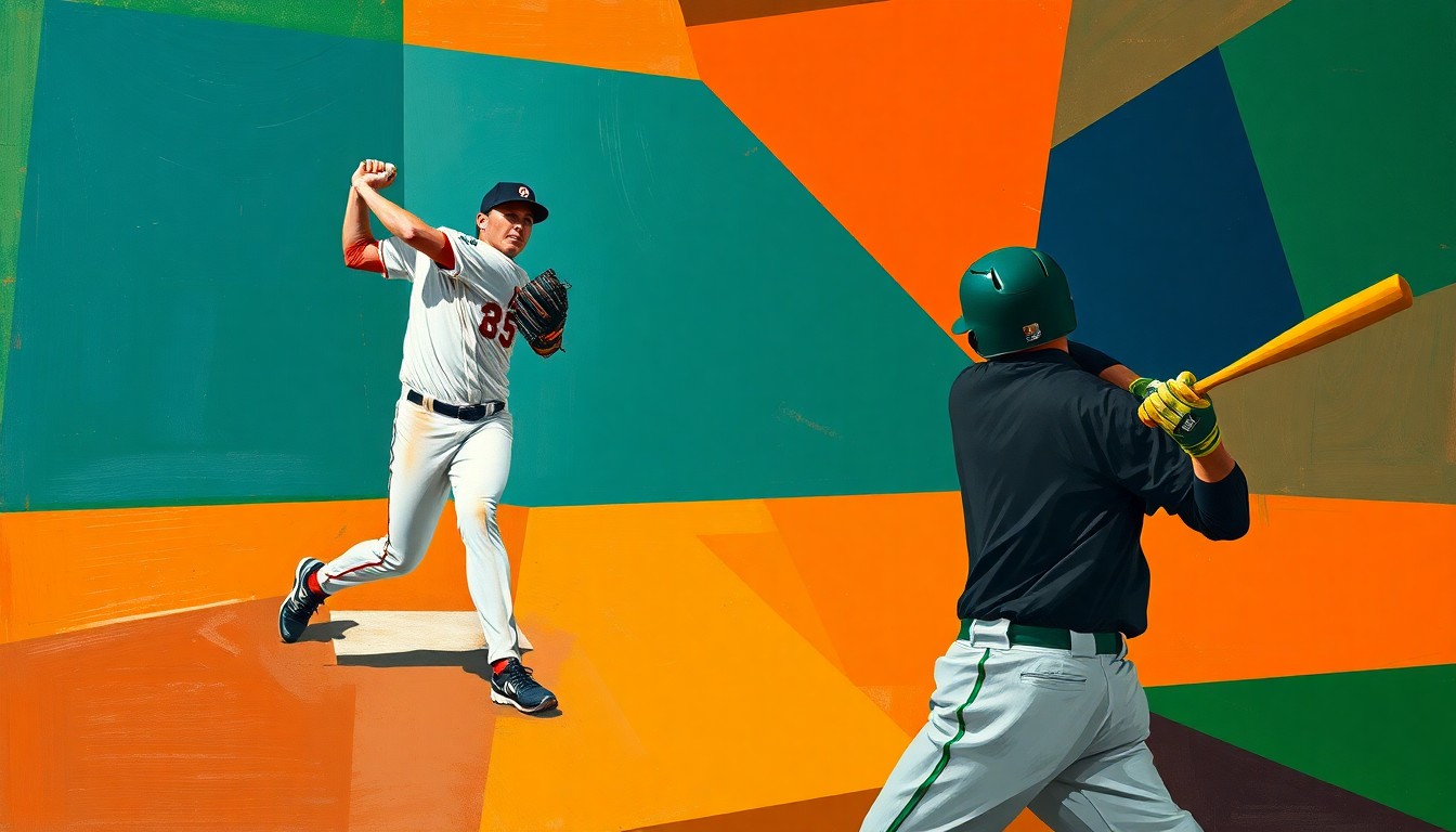 A fractured, geometric painting depicting the motion of a baseball pitcher and batter, with sharp planes of color representing the dynamic action on the field.