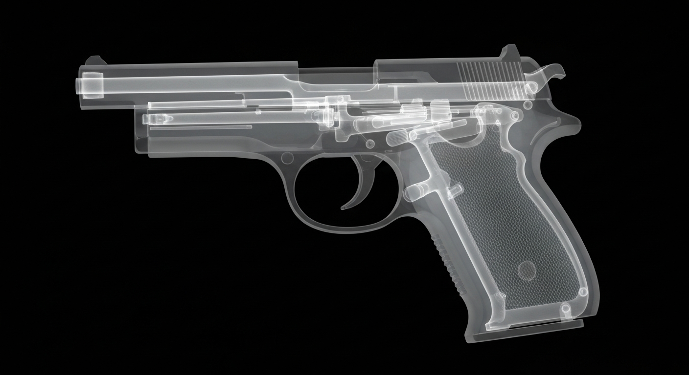 A ghostly, translucent X-ray image of a handgun, revealing its internal mechanisms in glowing lines against a dark background, conceptually representing the public health crisis of firearm-related suicides.