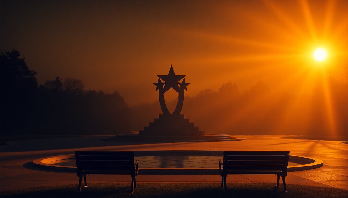A photorealistic painting of a bronze sculpture featuring three interconnected stars, surrounded by a reflecting pool and benches, all bathed in warm, cinematic lighting reminiscent of the works of Edward Hopper.