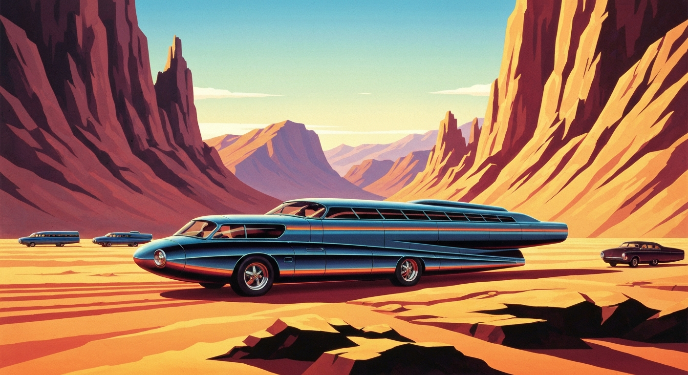 A highly stylized, geometric illustration depicting a sweeping, mountainous landscape with a small, streamlined off-road trailer in the foreground, conceptually representing the versatility and capability of modern micro campers for overland travel.