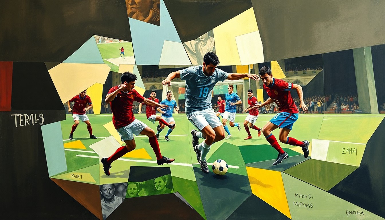 A fractured, geometric painting depicting the dynamic movements and energy of a football game, with the players' forms broken down into abstract shapes and planes of color.