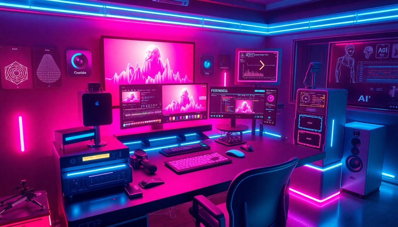 A highly detailed, glowing 3D illustration of a futuristic video editing workstation, with various digital components and interfaces illuminated by neon cyan and magenta lights, conceptually representing the advanced AI-powered capabilities of the Creative.Space platform.