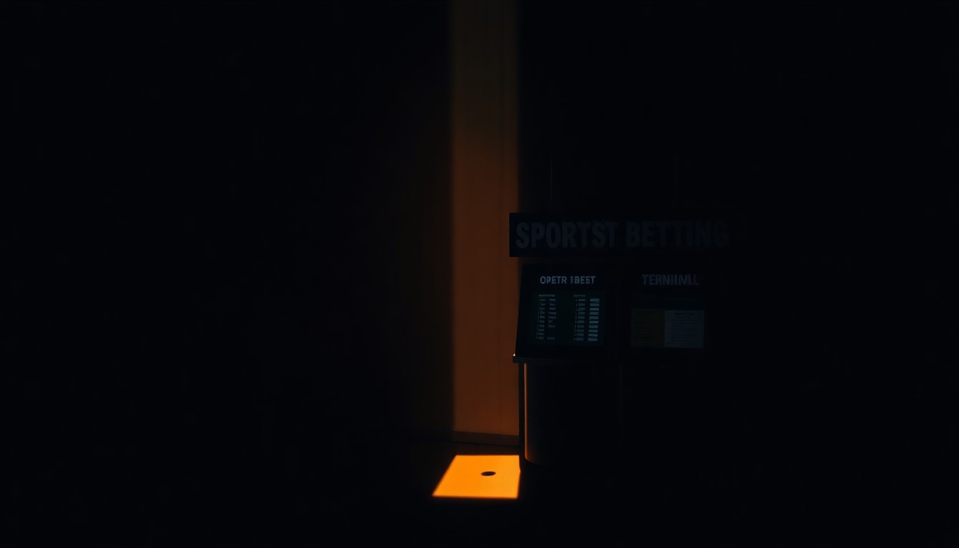 A photorealistic painting in the style of Edward Hopper, depicting a solitary sports betting kiosk or terminal set against a dimly lit urban backdrop, with warm sunlight streaming in through a window and casting deep shadows across the scene.