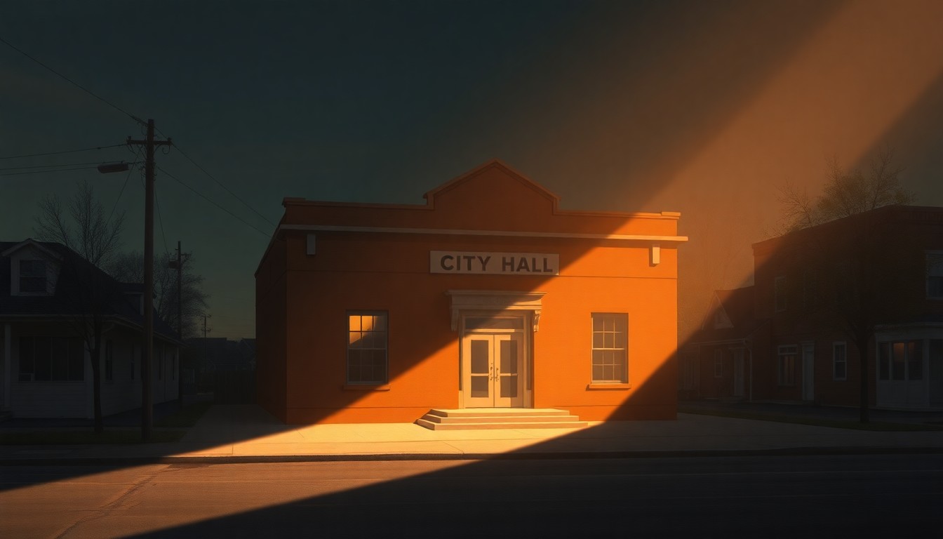 A photorealistic painting of a two-story brick city hall building with large windows and a central entryway, the facade bathed in warm, golden light and deep shadows, capturing the nostalgic, cinematic mood of a small-town government meeting.