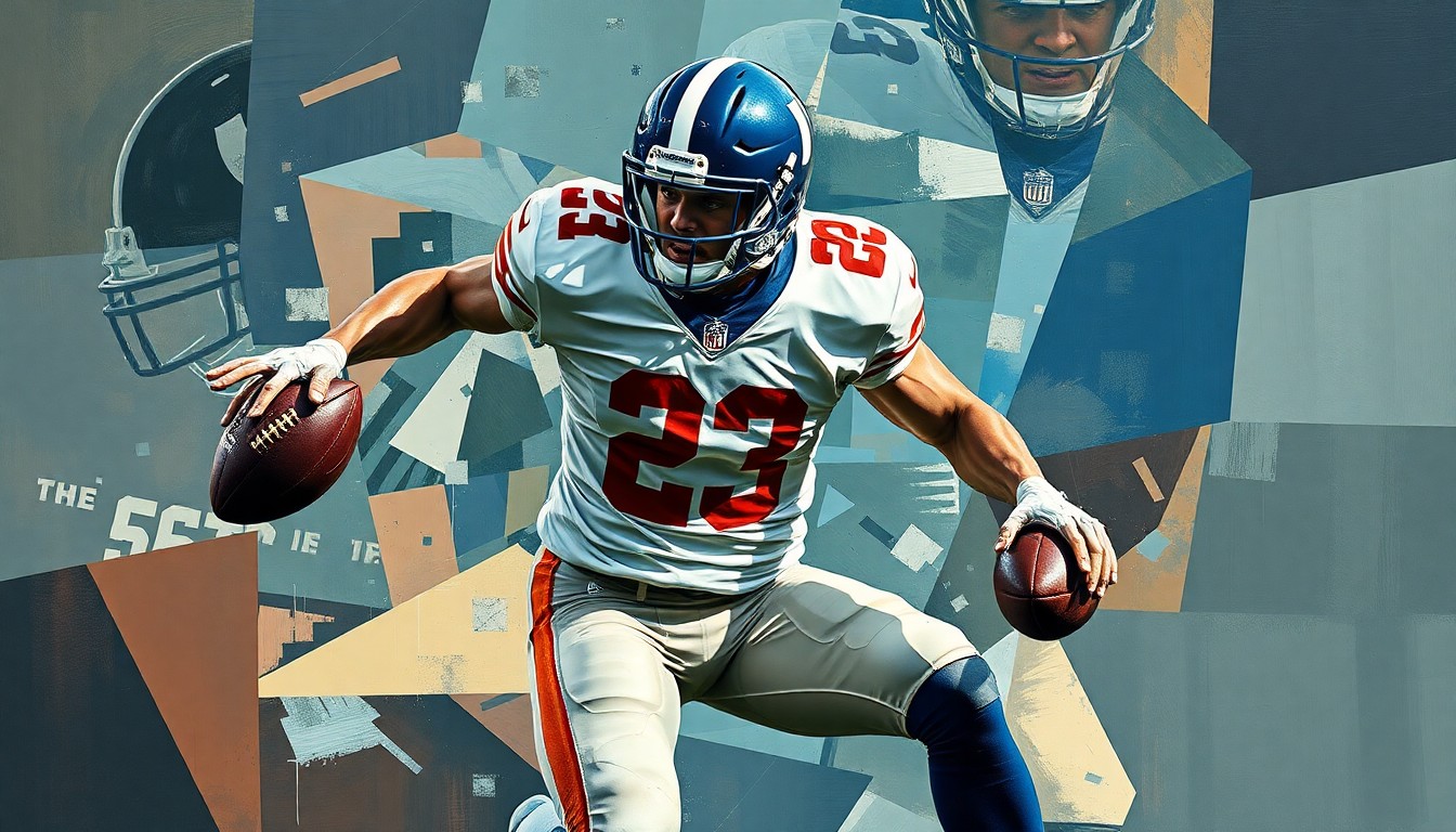 A cubist-style painting featuring overlapping geometric planes in muted earth tones and deep blues, conceptually representing an NFL player's search for his biological family.