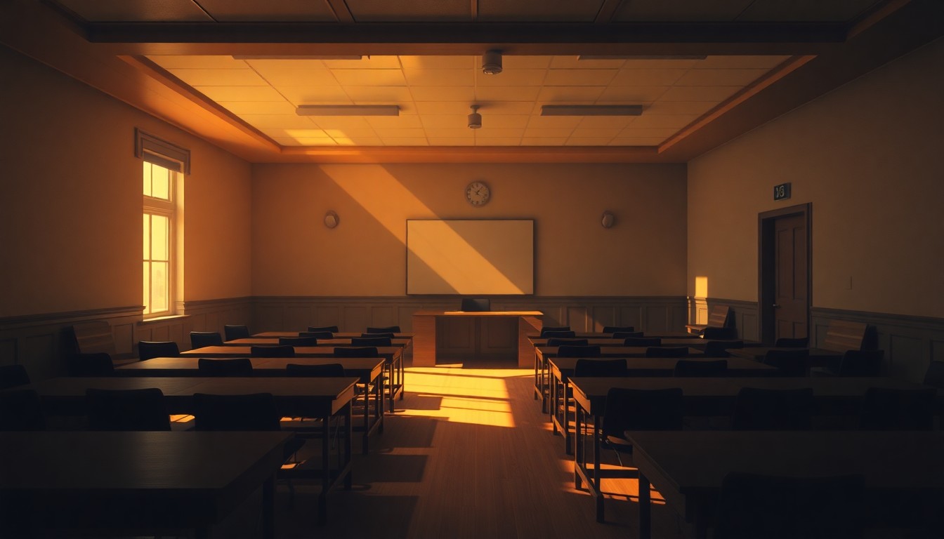 A dimly lit, cinematic painting of an empty school board meeting room, with warm sunlight streaming in through the windows and deep shadows cast across the desks and chairs, creating a palpable sense of unease and uncertainty.