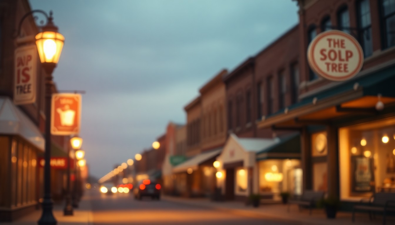 An abstract, out-of-focus photograph of a cozy Midwestern downtown street, with blurred storefronts and streetlights casting a warm, diffused glow, conveying a sense of timeless community pride and civic vision.