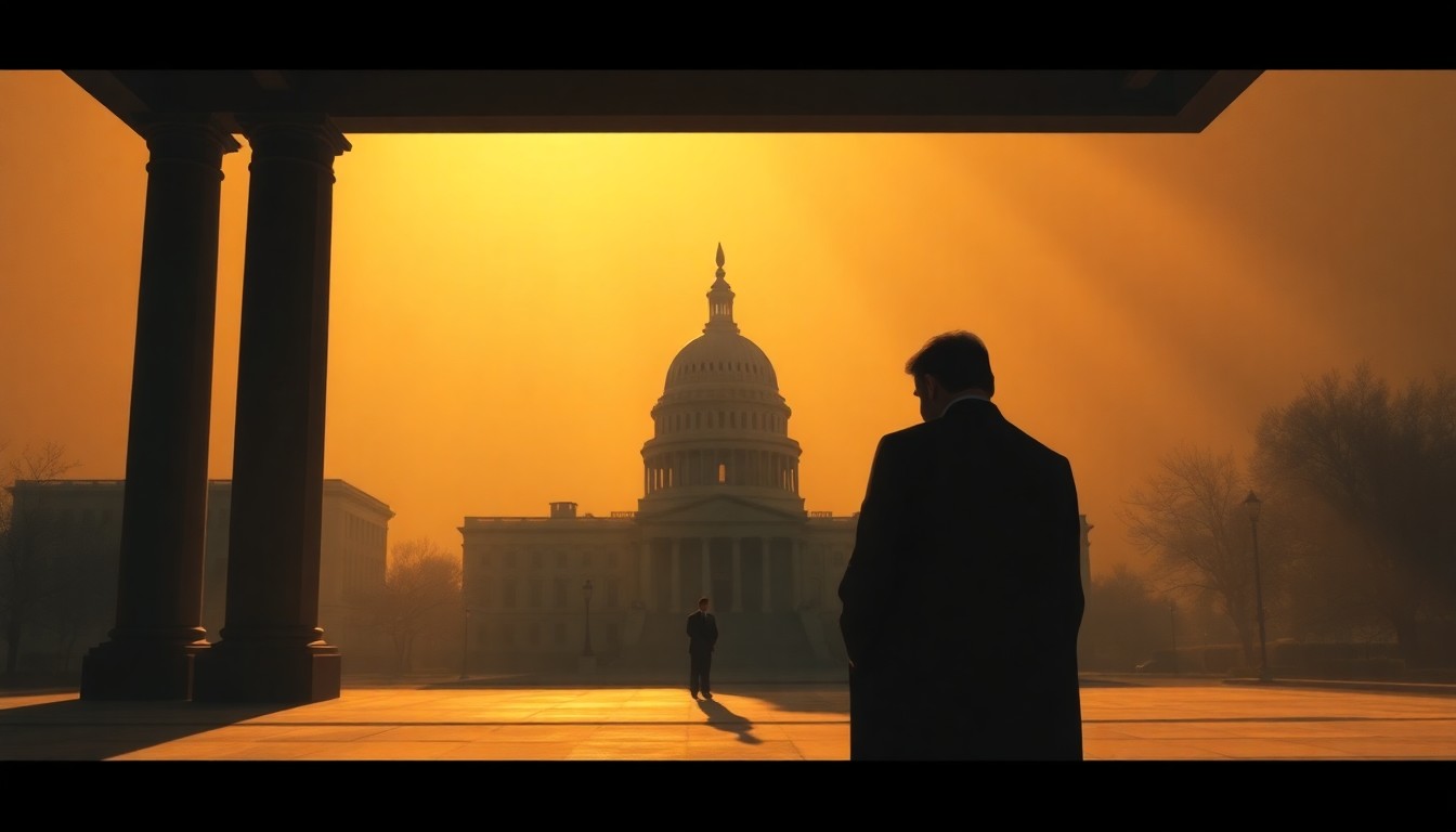 A dimly lit, cinematic painting of a lone government building or political figure cast in warm, golden light and deep shadows, conveying a sense of quiet contemplation and unease.