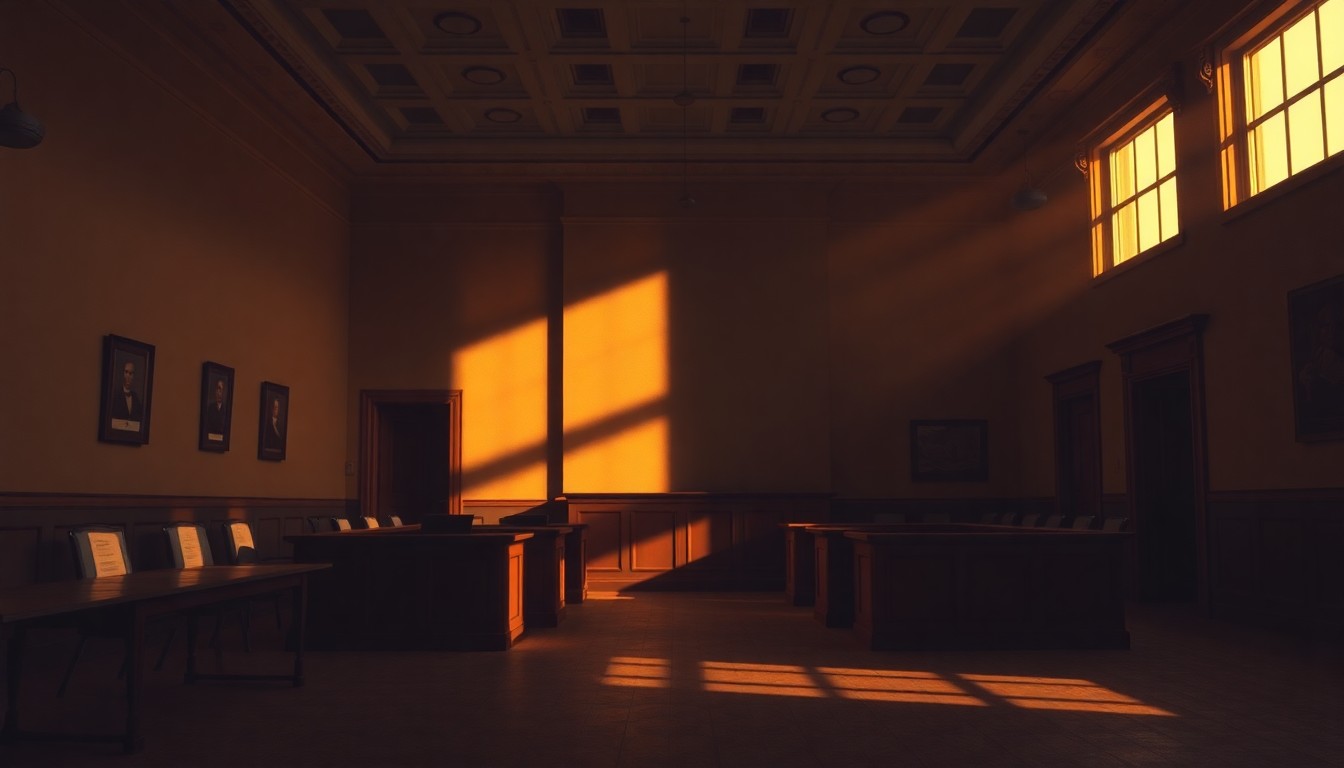 A dimly lit, cinematic painting of an empty government office or hearing room, with warm light streaming in through a window and deep shadows cast across the room, conveying a sense of unresolved tension and political drama.