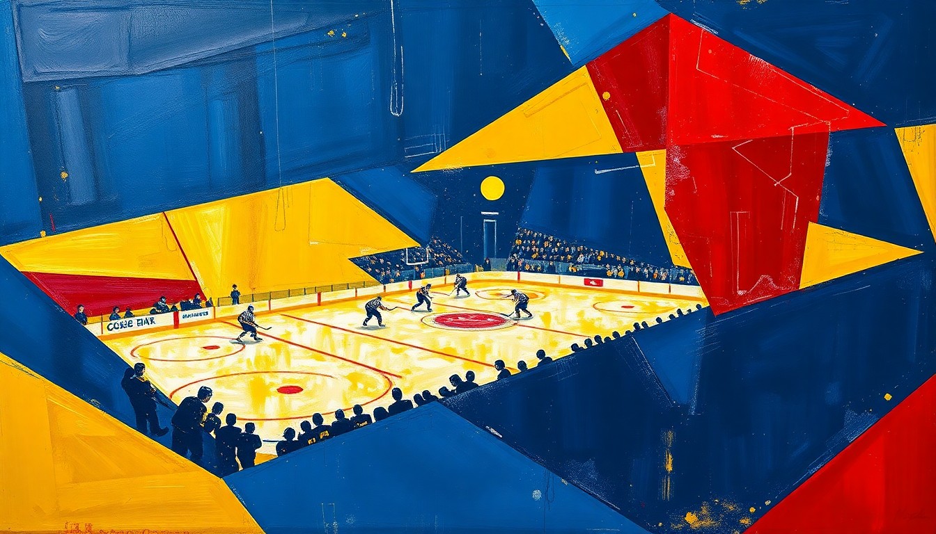 A cubist, geometric painting depicting a college hockey game, with sharp, overlapping planes of navy blue, gold, and crimson colors representing the dynamic action on the ice.