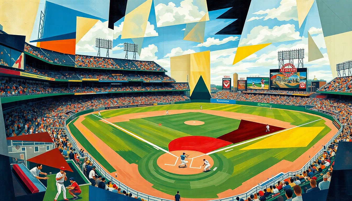 A cubist-style painting featuring sharp, overlapping geometric shapes and planes of color that abstractly represent a baseball game, with no recognizable players, field, or stadium elements.