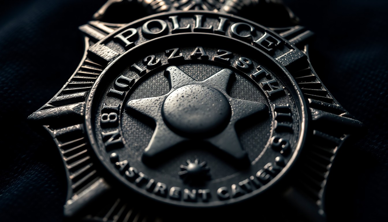 An extreme close-up photograph of a police badge, focusing on the metallic textures and intricate details to create a serious, investigative mood without any words or symbols.