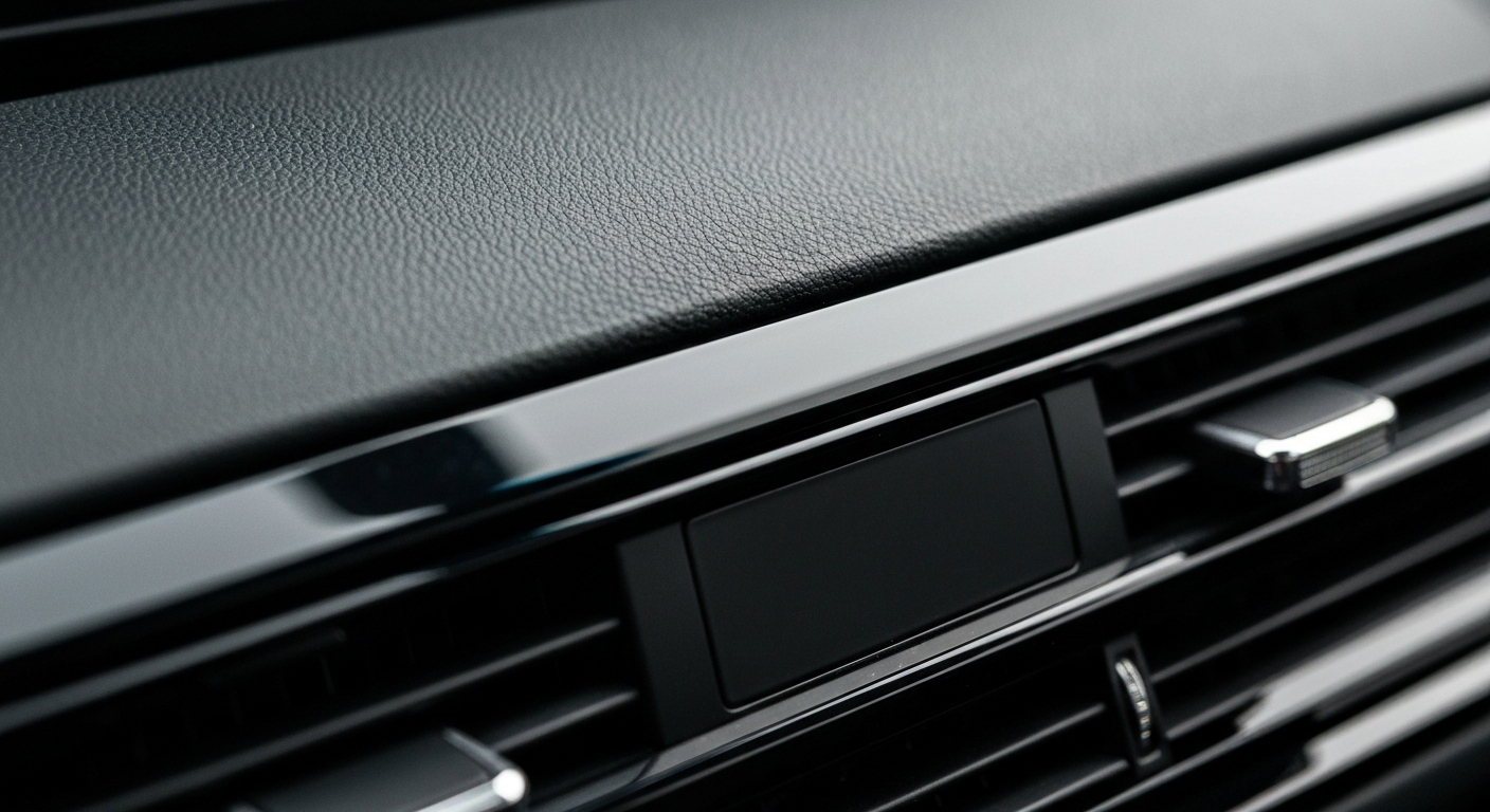 An extreme close-up of a textured car dashboard surface, with the soft glow of a dashboard display reflected in the polished black plastic, conceptually representing the centralized access to traffic incident data.