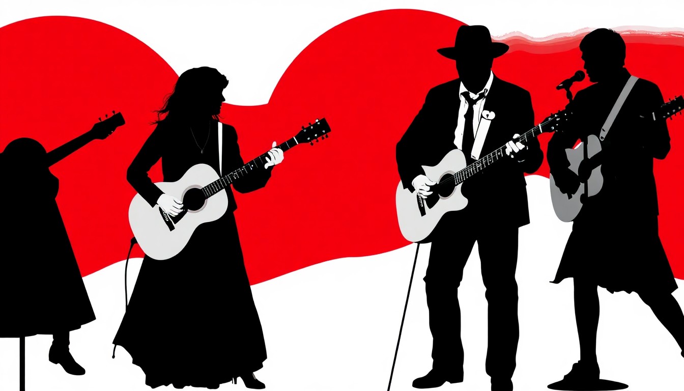 A minimalist, abstract illustration featuring bold black silhouettes and high-contrast solid colors like red and white, conceptually representing the vintage country and jazz musical styles of the performers.