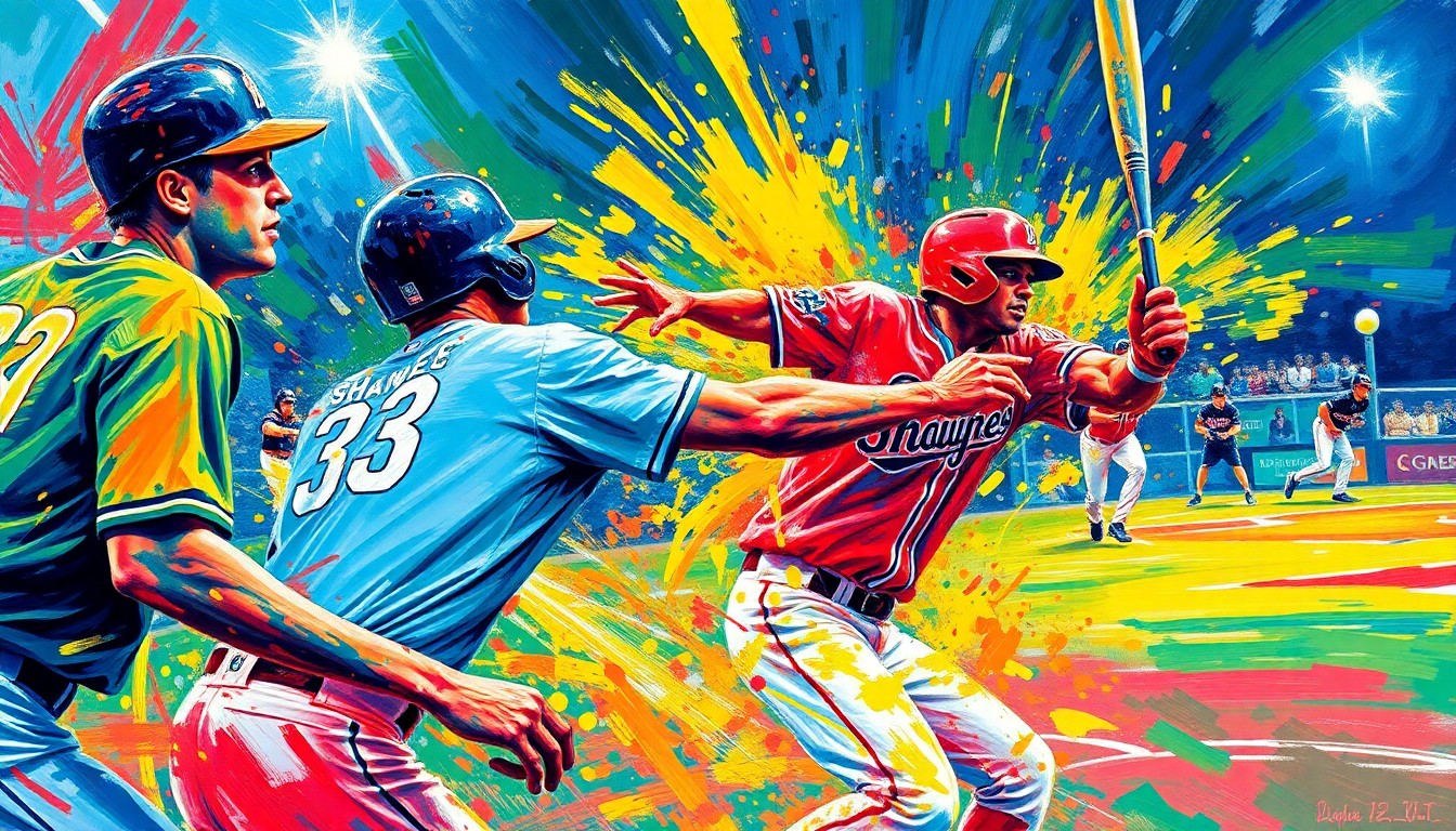 An abstract expressionist painting in vibrant neon colors, with rapid brushstrokes capturing the dynamic motion and energy of a baseball game, the players' forms dissolving into unrecognizable shapes and splatters.