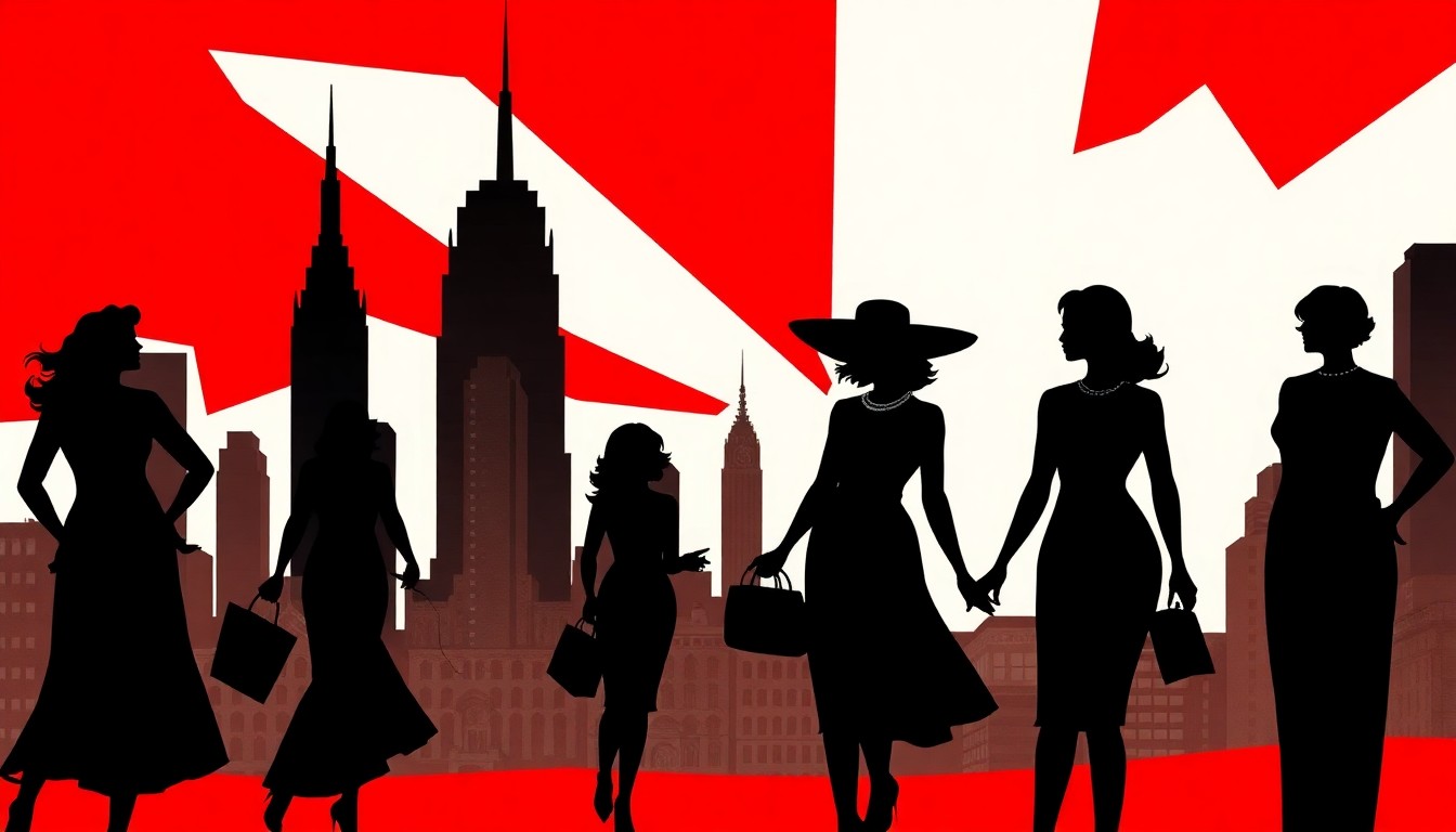 A striking abstract composition of bold, jagged geometric shapes in high-contrast red and black, conceptually representing the glamour and influence of a group of successful women.