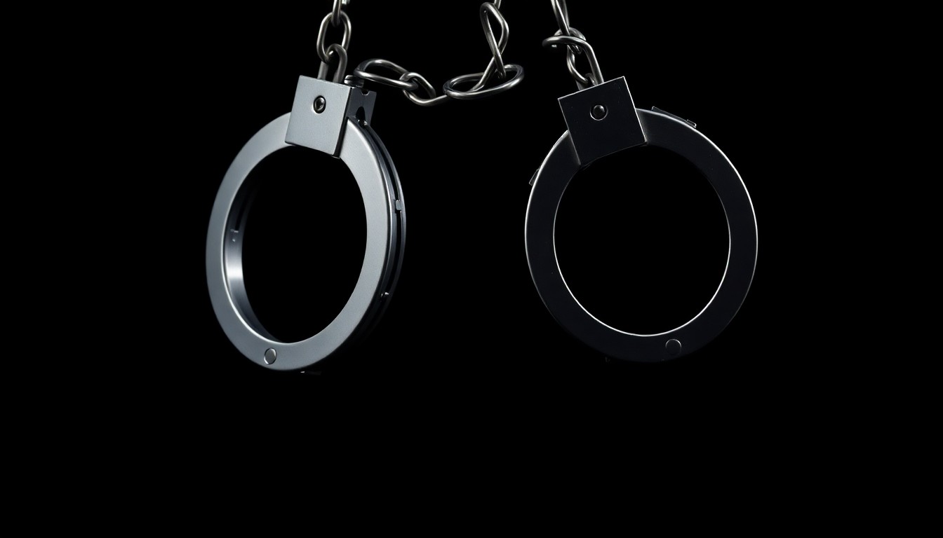 An extreme close-up photograph of a set of handcuffs against a pitch-black background, creating a stark, gritty, investigative aesthetic that conceptually represents the criminal justice system.