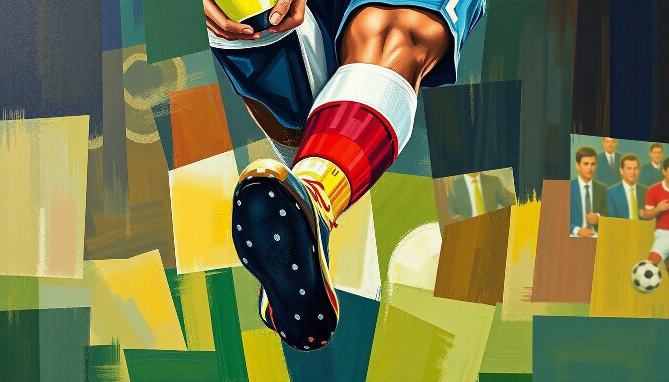 A fragmented, geometric painting depicting a soccer player's knee in various overlapping perspectives, conceptually representing the complexity of an ACL injury.