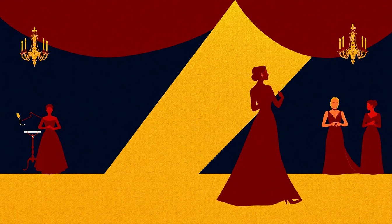 A striking abstract composition of jagged, overlapping geometric shapes in deep burgundy, rich gold, and midnight blue, evoking the elegant, formal atmosphere of a Viennese ball.