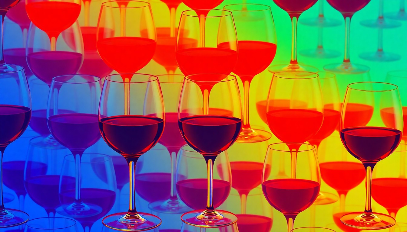 A brightly colored, high-contrast silkscreen print of a wine glass repeated in a tight grid pattern, with the glass filled with a deep red wine. The image utilizes flat, vibrant, and unnatural neon color palettes overlapping with heavy black photographic outlines to turn the everyday wine glass into modern pop art.