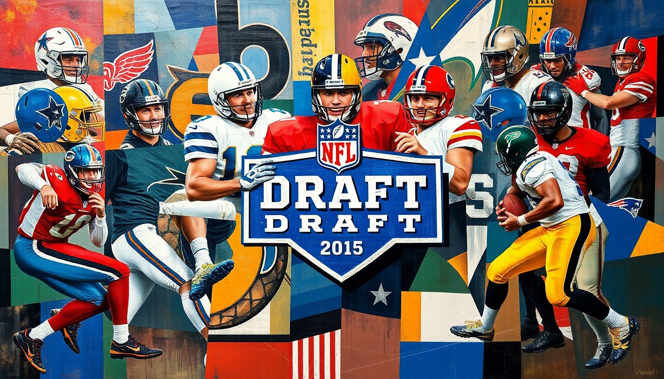 A cubist, geometric painting depicting fragmented images of football players, team logos, and draft-related symbols, conceptually representing the altered format of the 2026 NFL Draft.