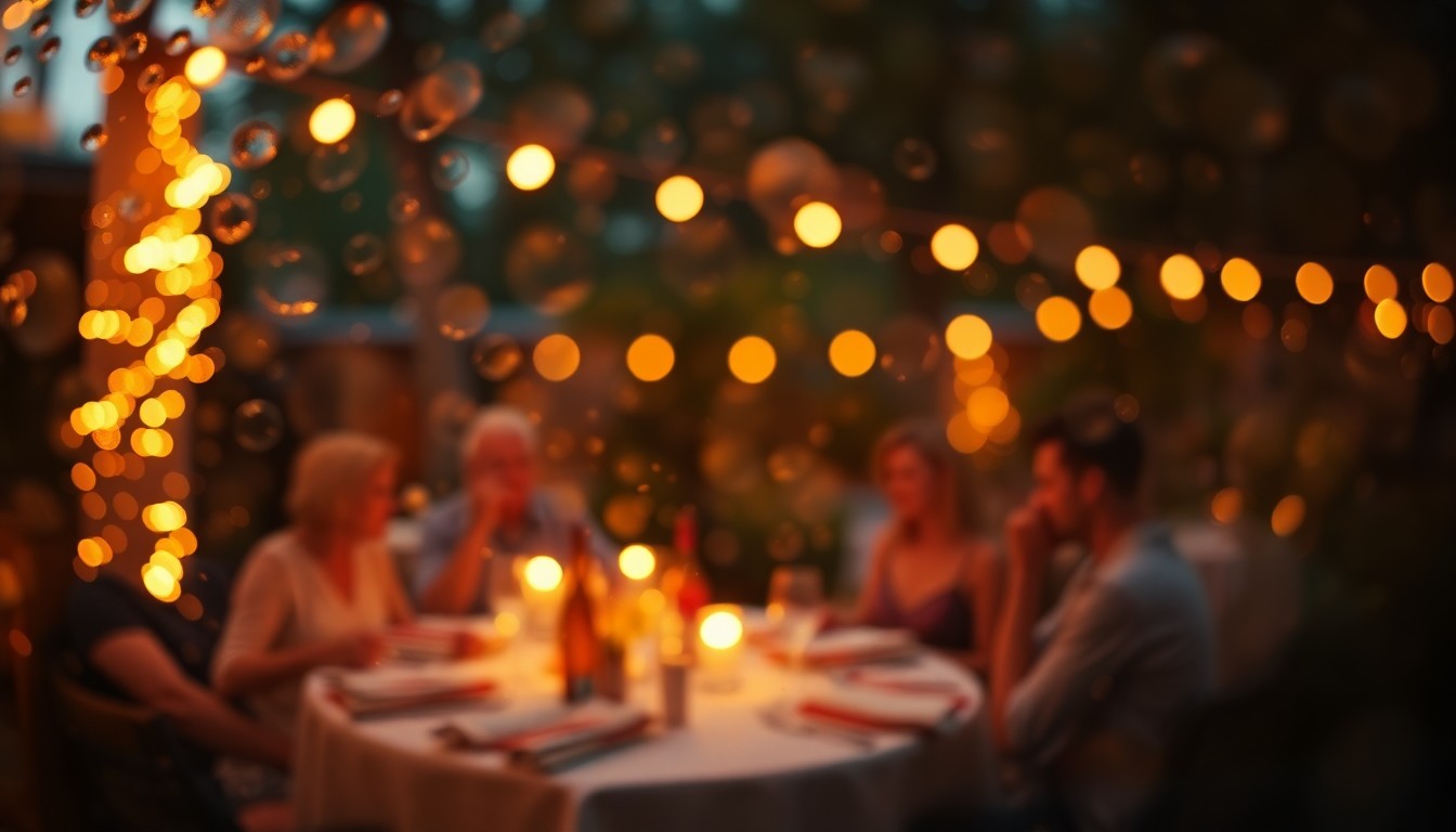 An abstract, impressionistic scene of soft, blurred lights and colors, evoking the warm, hazy ambiance of an outdoor garden dinner party at dusk.