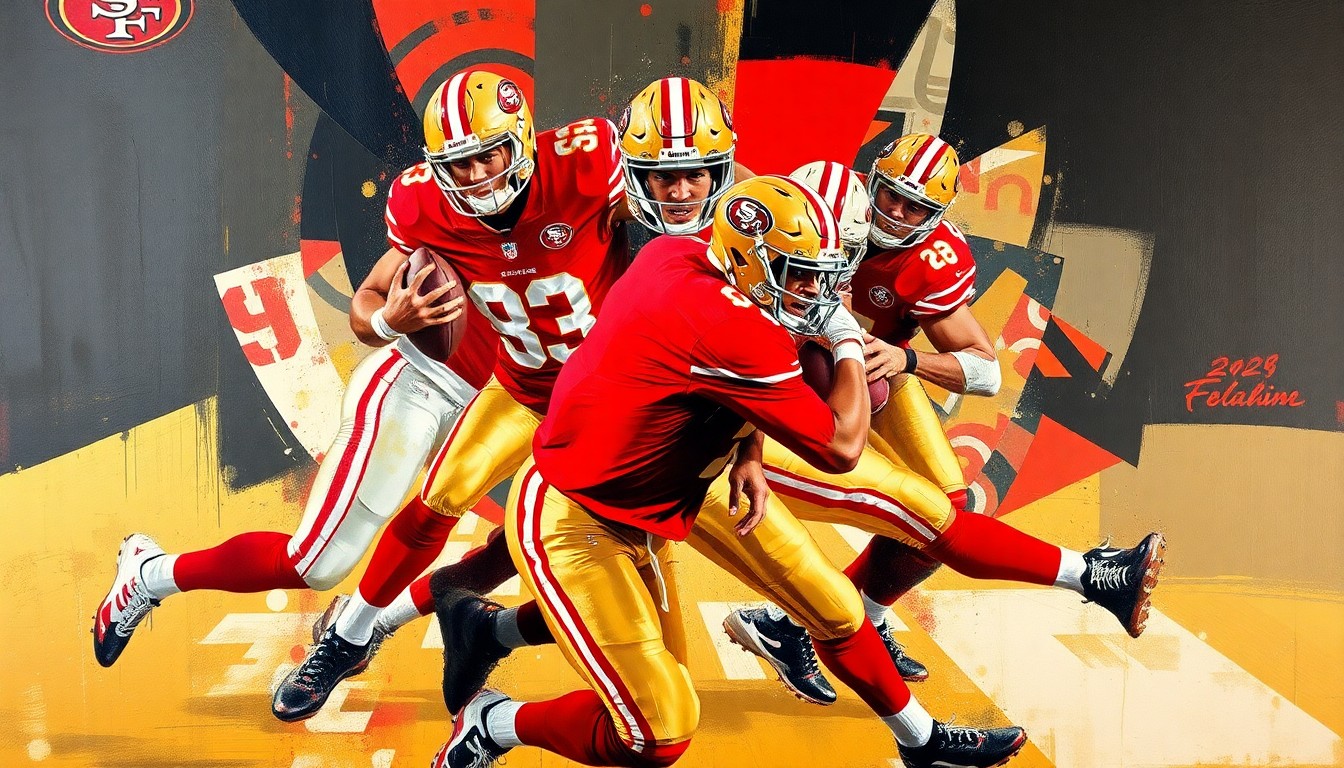 A cubist-style painting depicting a 49ers pass rush play, with the action broken down into fragmented geometric shapes and planes of red, gold, and black, conveying the dynamic energy and intensity of the defensive effort.