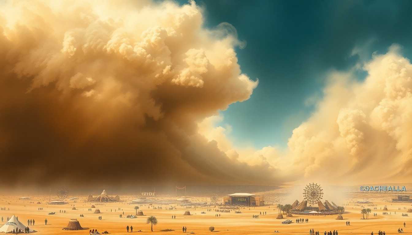 A vast, sweeping landscape painting in muted earth tones, depicting a massive dust storm swirling across the Coachella Valley, dwarfing the festival grounds below and conveying the overwhelming power of the natural elements.