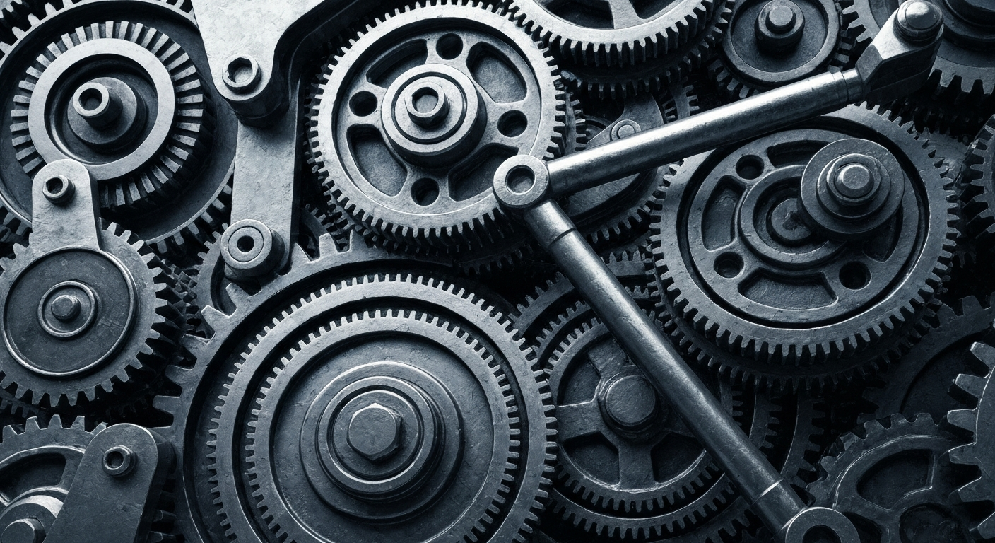 An extreme close-up of interlocking gears and mechanical components in muted tones, conceptually representing the complex financial infrastructure and analytical tools discussed in the Yale Law workshop.