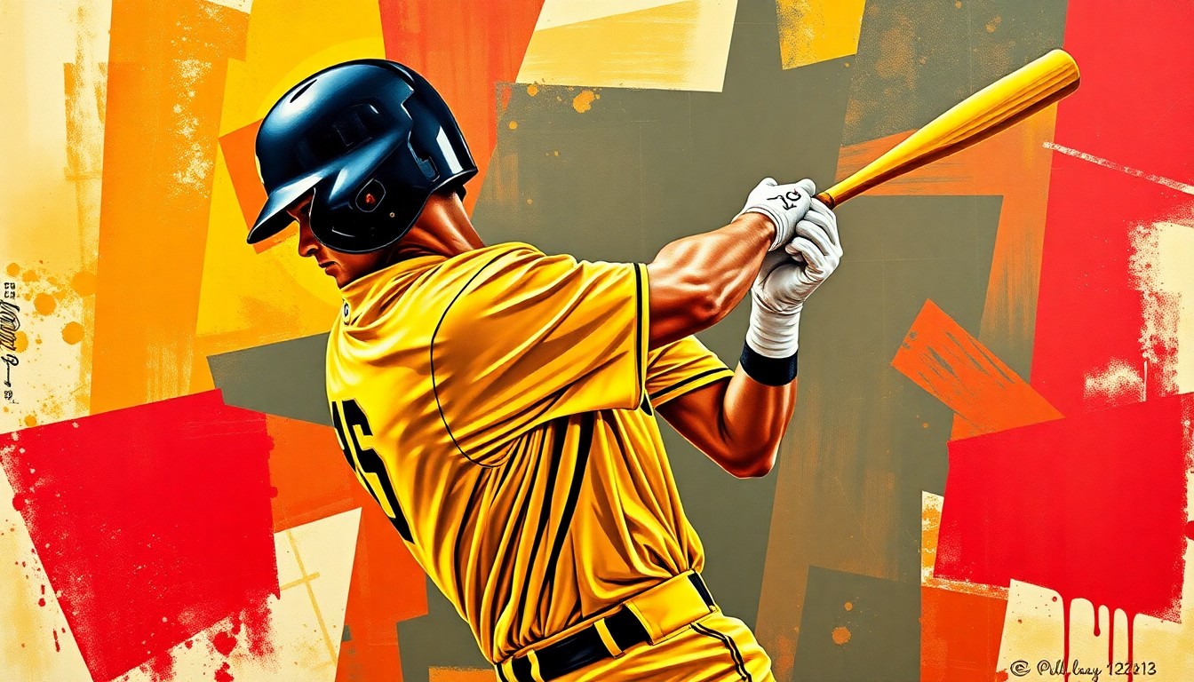 A fractured, geometric painting depicting a baseball player's swing, with sharp, overlapping planes in the Pirates' team colors of black, gold, and red, conveying the raw power and energy of the sport.