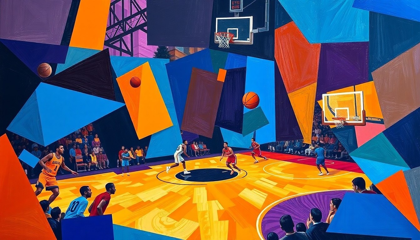 A cubist, geometric painting depicting a fragmented basketball court and players, with sharp, overlapping shapes in a vibrant color palette, conceptually representing the complex nature of a coaching decision and its impact on the game.