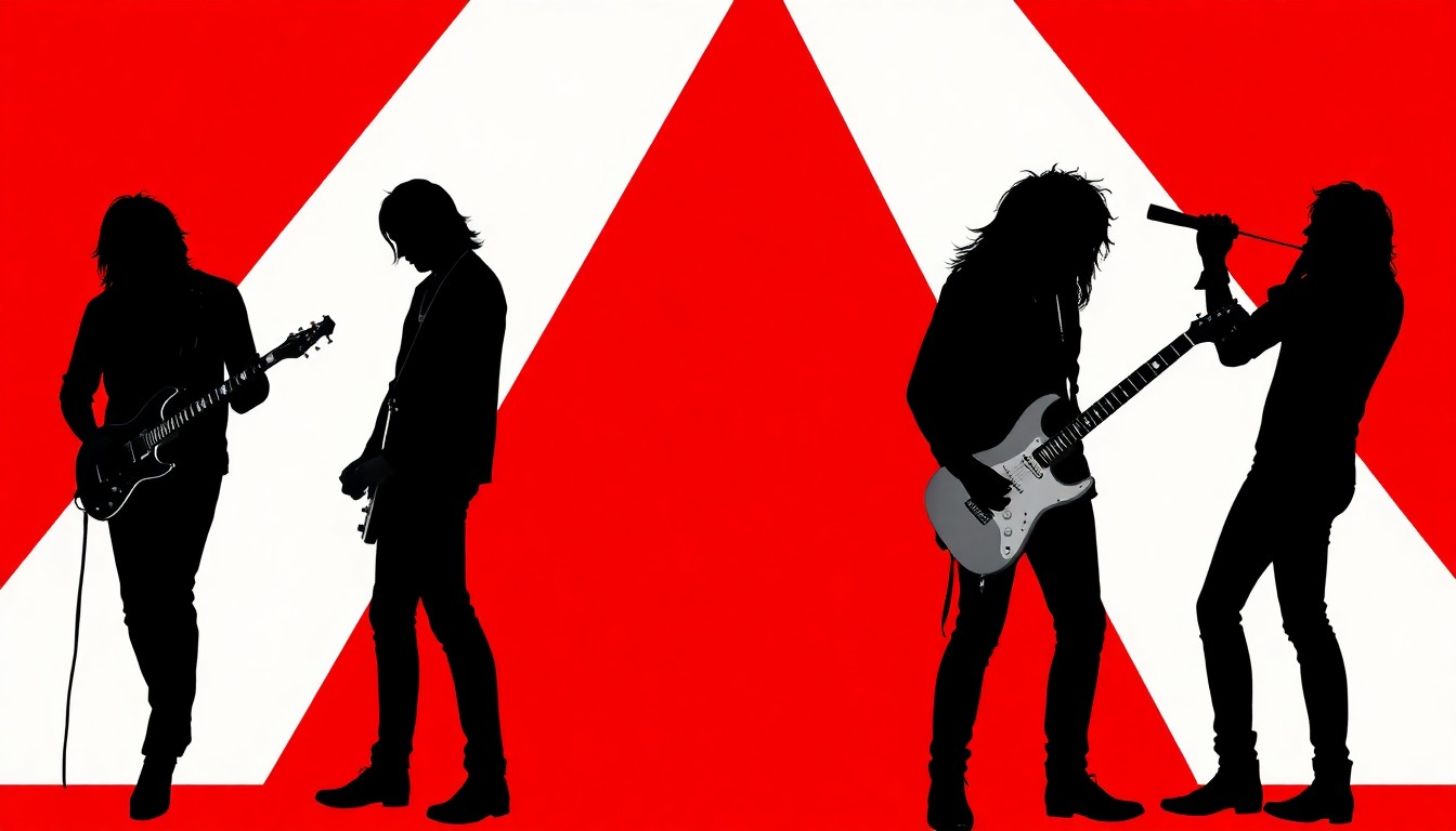 An abstract, minimalist illustration featuring sharp, angular black silhouettes of musicians set against a bold red and white background, conceptually representing the high-energy rock concert supporting a serious social cause.