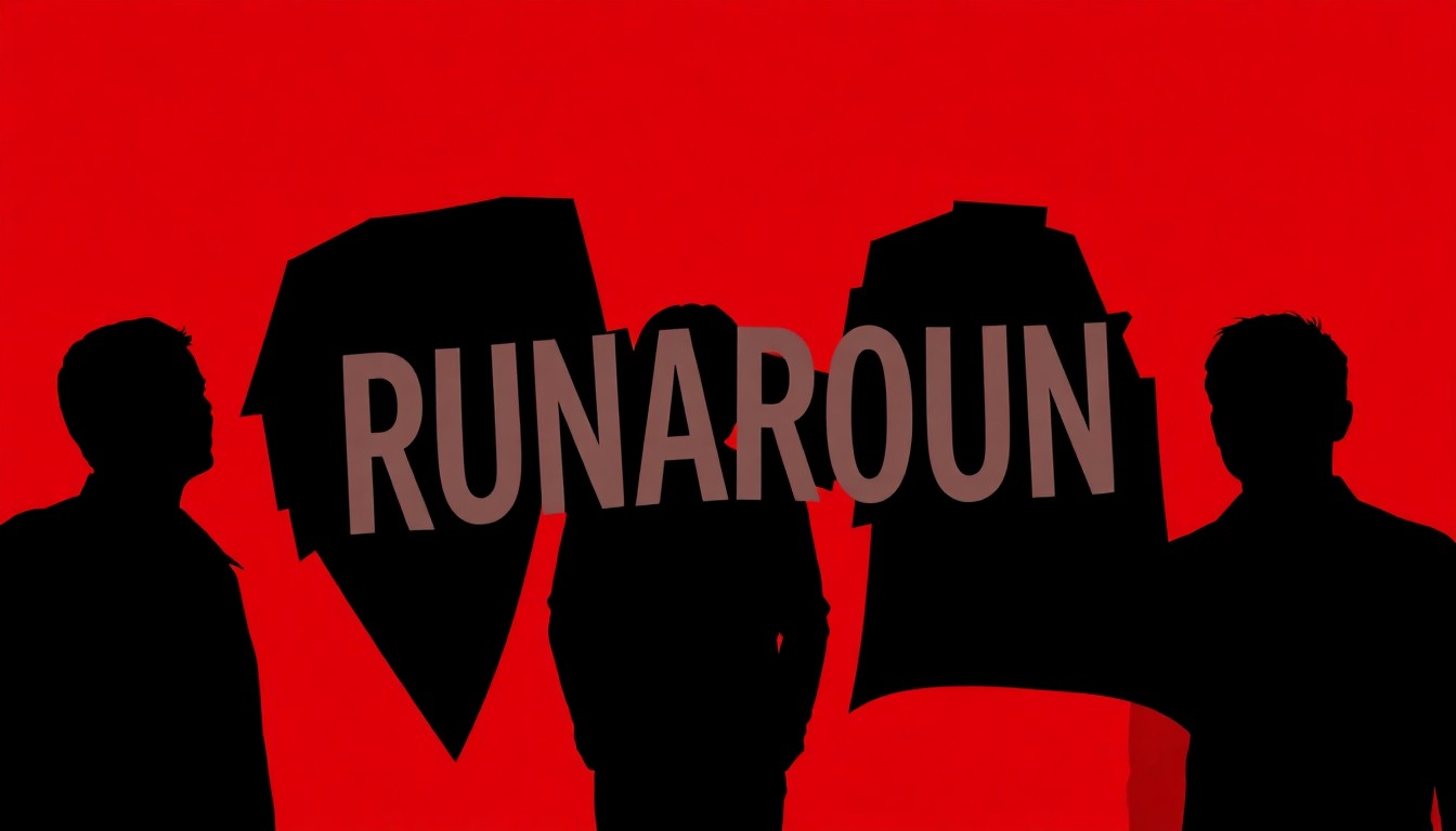 A bold, abstract illustration featuring overlapping black silhouettes of band members against a bright red background, conceptually representing the high-energy indie rock performance of The Runarounds.
