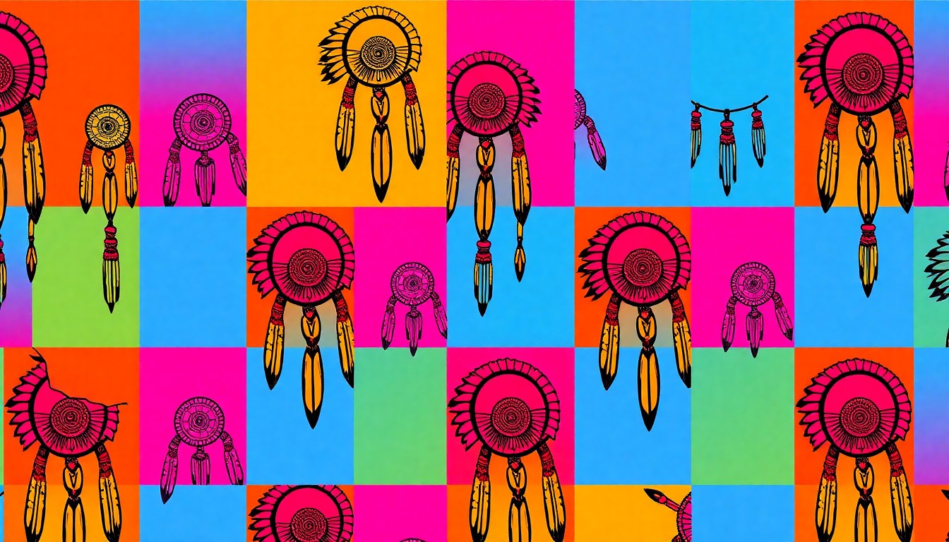 A vibrant, high-contrast silkscreen print of a traditional Native American dreamcatcher, repeated in a grid pattern with bold, neon-like colors and heavy black outlines, conceptually representing the integration of cultural knowledge into modern life.