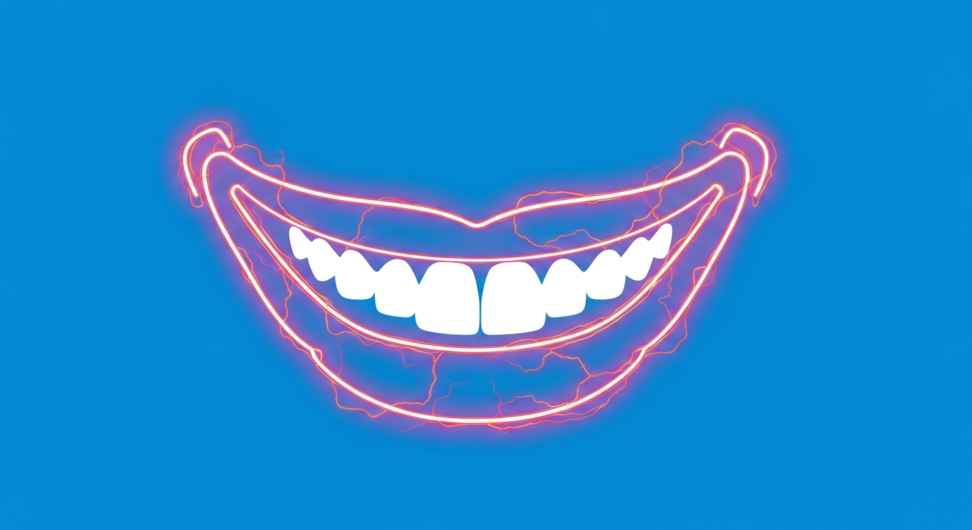 A vibrant neon outline of a smiling mouth, conceptually representing the positive changes enabled by contemporary cosmetic dentistry procedures.