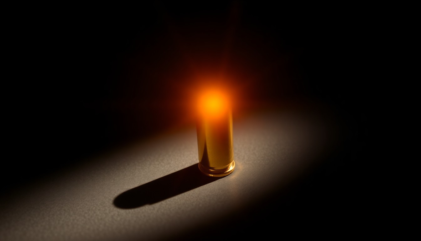 An extreme close-up photograph of a single bullet casing on a dark background, lit by a harsh camera flash, conceptually representing the aftermath of an accidental shooting.