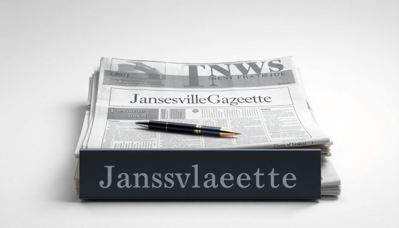 A photorealistic studio still life featuring a stack of newspapers, a pen, and a nameplate with the words 