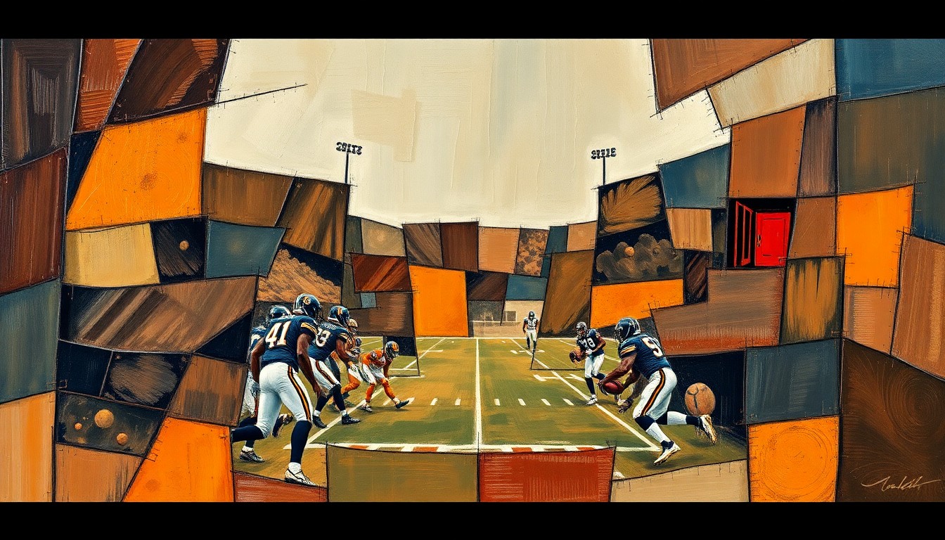 A fractured, cubist-style painting depicting a football game or match, with the players and field broken down into sharp, overlapping geometric shapes in muted earth tones, conveying the uncertainty and shifting dynamics of the Browns' quarterback situation.
