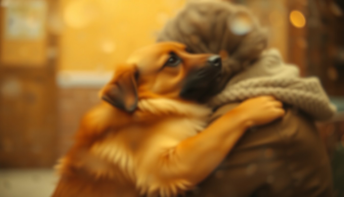 An abstract, out-of-focus scene depicting the blurred silhouette of a person and their service dog in a moment of comfort, conveying a sense of melancholy and emotional connection.