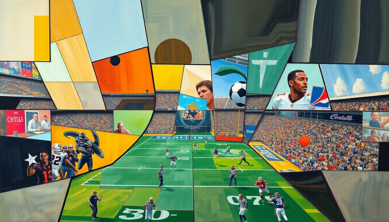 A fragmented, geometric painting depicting an NFL draft scene, with sharp planes of color and shape representing the strategic decisions facing the Chargers as they look to bolster their roster around quarterback Justin Herbert.