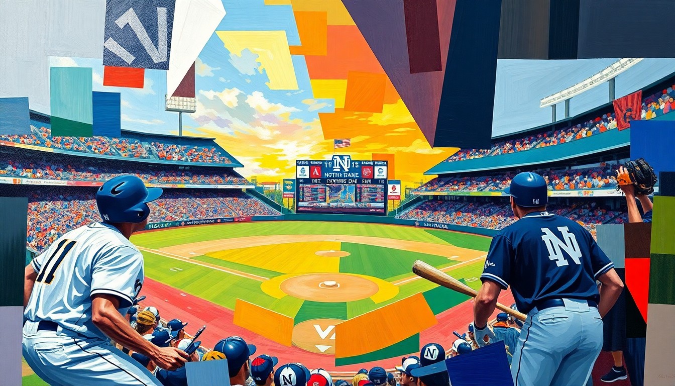 A fragmented, geometric painting depicting the dynamic motion and competition of a college baseball game, with the vibrant colors of the opposing teams' uniforms creating a visually striking composition.