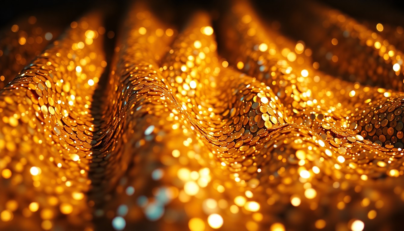 An extreme close-up photograph of shimmering, glittering gold and silver sequins in dramatic studio lighting, capturing the luxurious, high-fashion aesthetic of Moonchild's neo-soul sound.