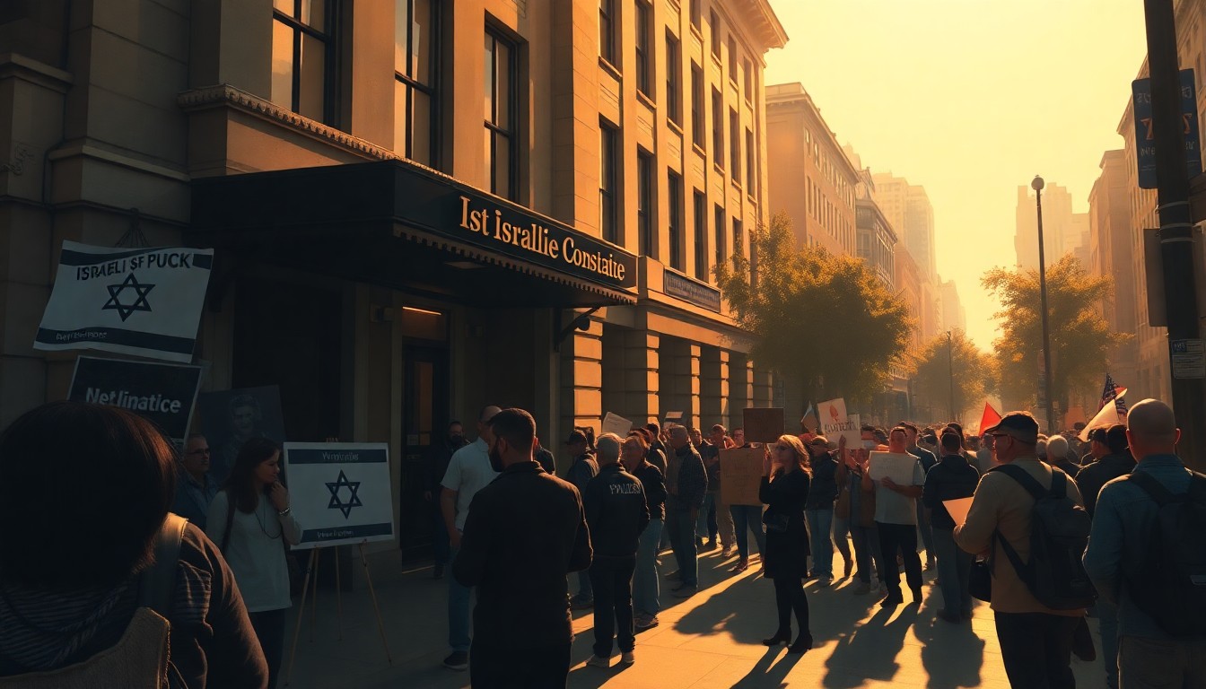 A cinematic painting depicting protesters gathered outside a government building, with warm sunlight and deep shadows creating a contemplative, nostalgic mood.