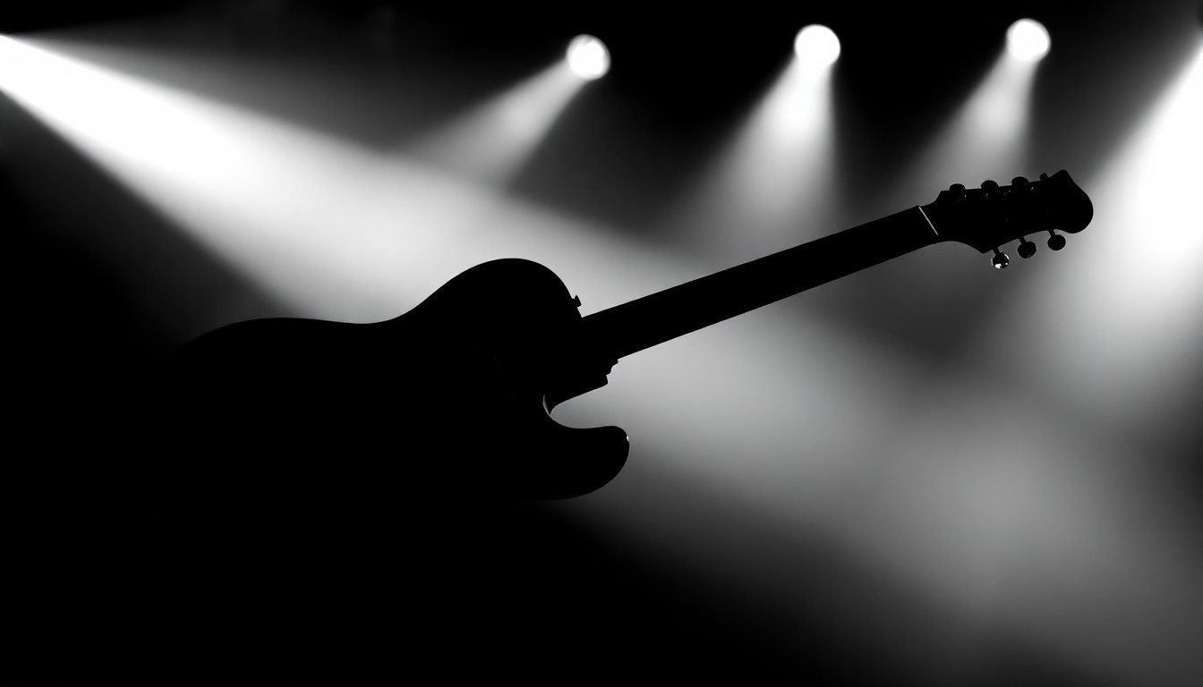 A striking black and white silhouette of an electric guitar, capturing the raw energy and rebellious spirit of a country music concert.