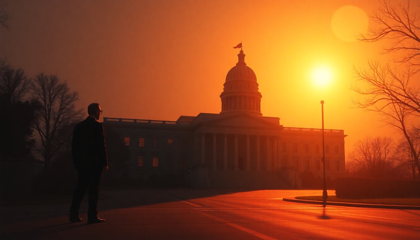 A serene, almost melancholic painting of a government building or political figure in a state of quiet contemplation, with warm light and deep shadows creating a sense of unease and uncertainty.